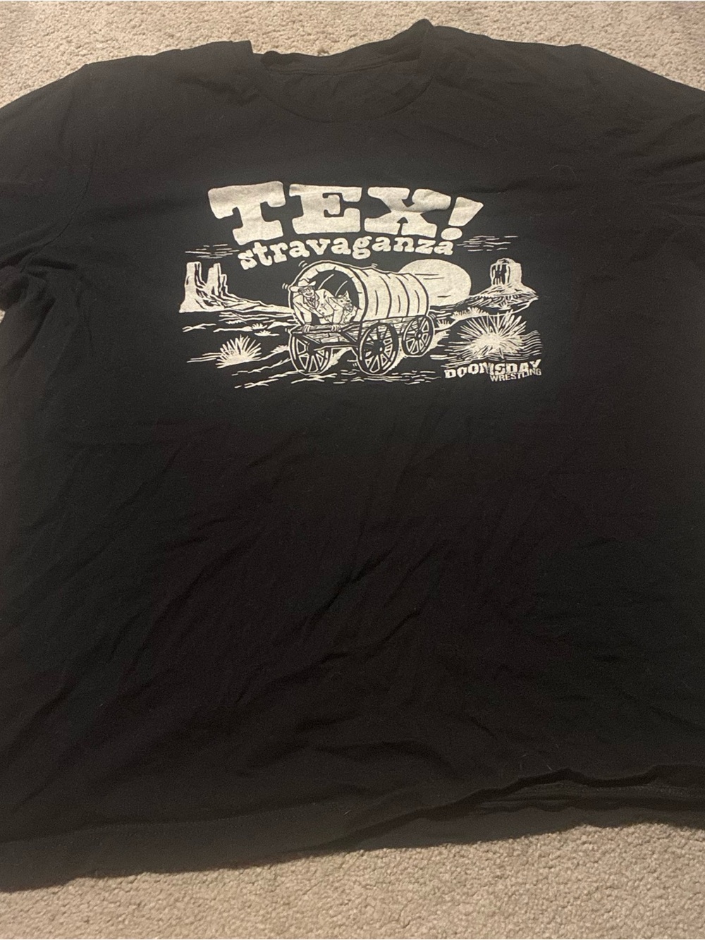 Source Unknown Black Tee with White 'TEX! stravaganza' Wagon Graphic